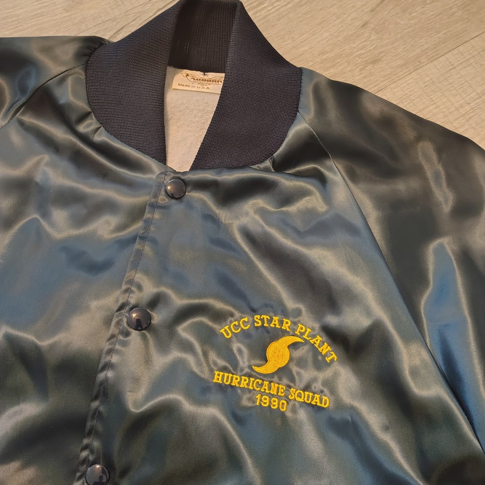 Vintage 1990 Auburn Sportswear Satin Bomber Jacket Navy Blue UCC Star Plant M - Picture 2 of 7